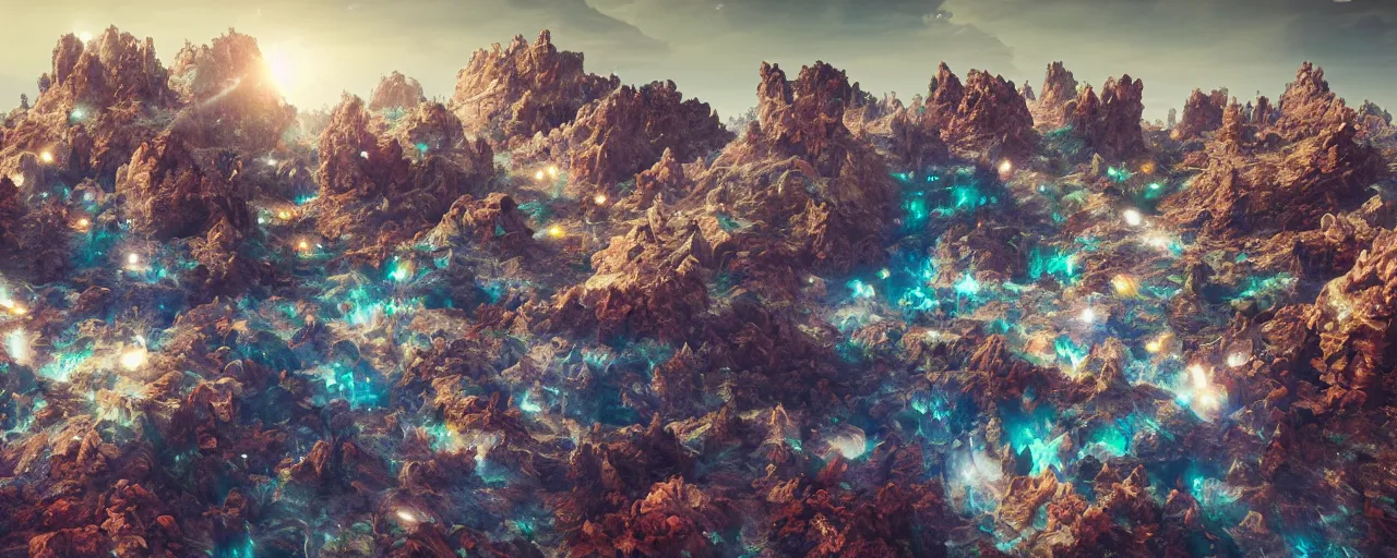 Image similar to ” otherwordly landscape with rystal formations and shiny gemstones, [ by wlop, colourful, cinematic, detailed, epic, widescreen, opening, establishing, mattepainting, photorealistic, realistic textures, octane render ] ”