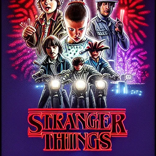 Image similar to Stranger Things poster by Ashley Wood and Mike Mignola and Drew Struzan, artstation, 80's American sci-fi poster style, 4K detailed post processing, footage