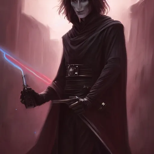 Image similar to portrait of a man by greg rutkowski, sith kinght, he looks like a vampire, long black messy hair, very tall and slender, star wars expanded universe, wearing black robes, he is about 3 0 years old, highly detailed portrait, digital painting, artstation, concept art, smooth, sharp foccus ilustration, artstation hq