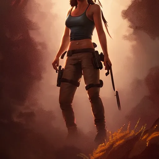 Image similar to realistic young Lara Croft portrait, atmospheric lighting, painted, intricate, volumetric lighting, beautiful, rich deep colors masterpiece, golden hour, sharp focus, ultra detailed, by Leesha Hannigan, Ross Tran, Thierry Doizon, Kai Carpenter, Ignacio Fernández Ríos