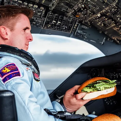 Prompt: Fighter pilot of F-16 eating a sandwich in the cockpit