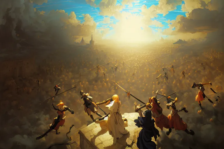 Prompt: baroque oil painting of key visual environment concept art of anime maids fighting a crusade in jerusalem, brutalist, dark fantasy, rule of thirds golden ratio, fake detail, trending pixiv fanbox, acrylic palette knife, style of makoto shinkai studio ghibli genshin impact jamie wyeth james gilleard greg rutkowski chiho aoshima