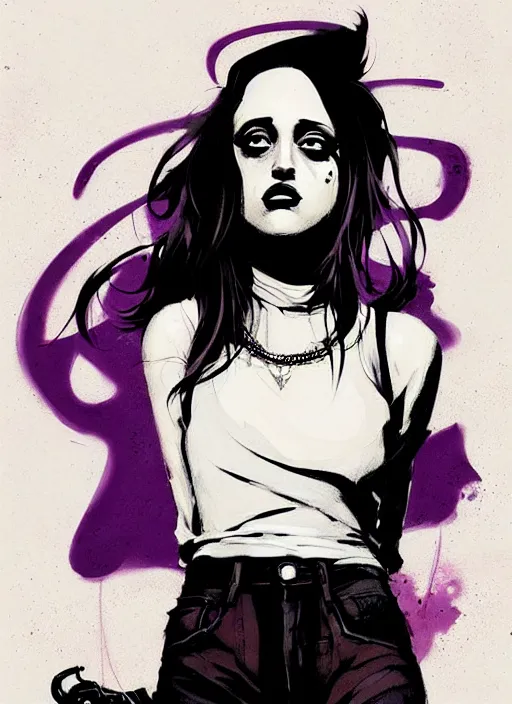 Image similar to highly detailed closeup portrait of beautiful carly chaikin as darlene alderson, moody punk style, by atey ghailan, by greg rutkowski, by greg tocchini, by james gilleard, by joe fenton, by kaethe butcher, gradient purple, black and white color scheme, grunge aesthetic!!! ( ( graffiti tag wall background ) )