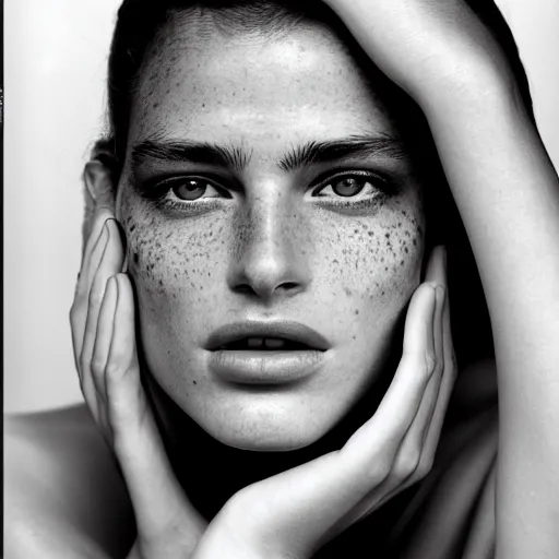 Image similar to a beautiful professional photograph by herb ritts for the cover of vogue magazine of a beautiful lightly freckled and unusually attractive female fashion model looking at the camera in a flirtatious way, zeiss 5 0 mm f 1. 8 lens