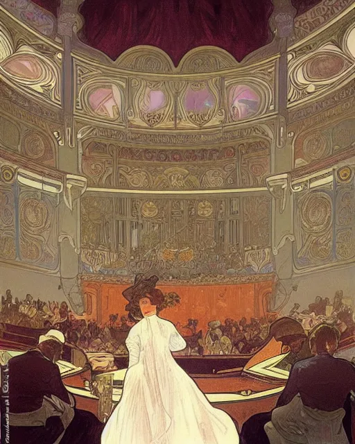 Image similar to painting alphonse mucha, interior of the opera house, view from the hall with a singer in a white dress on a lighted stage with an orchestra and audience in the hall, soft cinematic lighting, pastel color palette