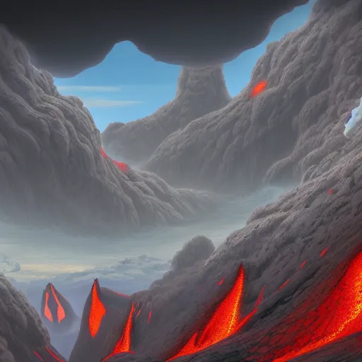 Prompt: a volcanic lava mountain canyon on an alien world, matte painting, dynamic lighting, cel shading, trending on artstation