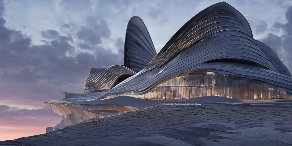 Prompt: a stunningly detailed opera house designed by Zaha Hadid surrounded by skyscraper, stunning volumetric lighting, sunset, metal, concrete, glass, stunning skies, trending on Artstation, 8k, photorealistic, hyper detailed, unreal engine 5, IMAX quality, cinematic, epic lighting, in the style of Greg Rutkowski