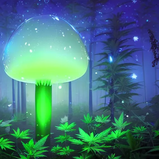 Image similar to a bioluminescence cannabis plant in a mystical high fantasy forest. volumetric light. moonlight. midnight.