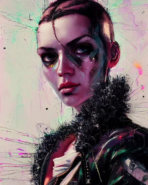 Image similar to detailed portrait Punk Girl cyberpunk futuristic ((neon)) tattoes, yakuza, styled hair Reflective puffy sheen film jacket, decorated traditional ornaments by ismail inceoglu dragan bibin hans thoma greg rutkowski Alexandros Pyromallis Nekro Rene Margitte illustrated Perfect face, fine details, realistic shaded, fine-face, pretty face