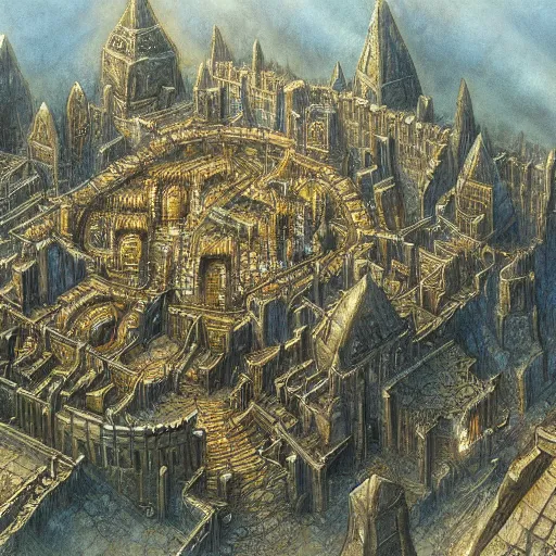 Image similar to an underground dwarven city, by john howe