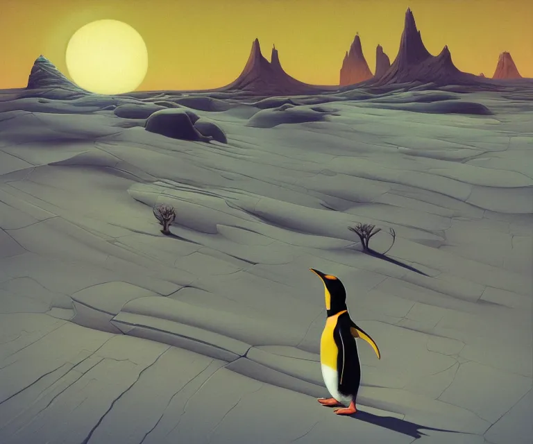 Prompt: hyper detailed 3d render like a Oil painting - a cartoon penguin in a barren desert under an unrelenting sun, by Jacek Yerka, Mariusz Lewandowski, Houdini algorithmic generative render, Abstract brush strokes, Masterpiece, Edward Hopper and James Gilleard, Zdzislaw Beksinski, Mark Ryden, Wolfgang Lettl, hints of Yayoi Kasuma, octane render, 8k