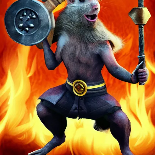 Image similar to the rat thor ~ holding his hammer ~ dramatic thunder background ~ fighting scene ~