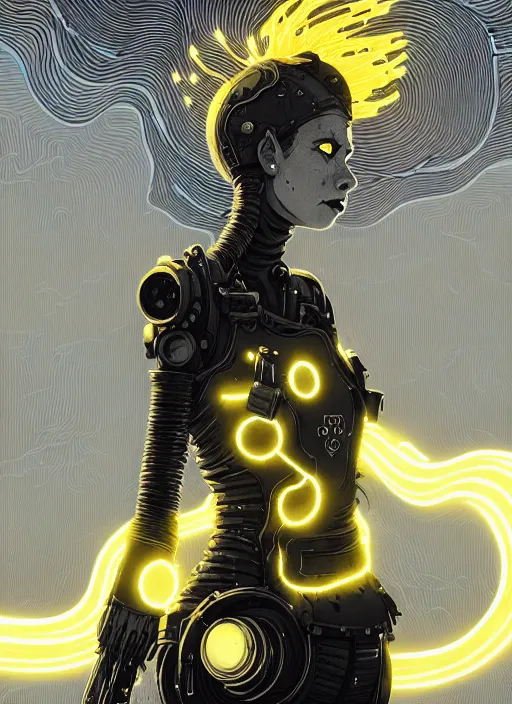 Image similar to highly detailed closeup portrait of wasteland long glowing yellow and white plasma hair tribal lady, stray electric spark wiring by atey ghailan, james gilleard, by joe fenton, by greg rutkowski, by greg tocchini, by kaethe butcher, 4 k resolution, gradient yellow, black and white color scheme!!! ( ( lightning robotic city background ) )