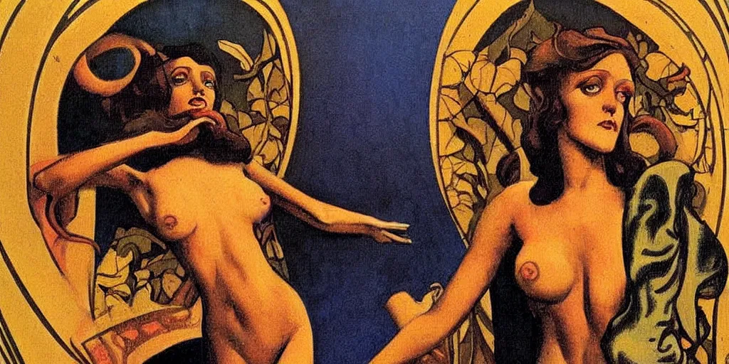 Image similar to An asymmetry still frame of Art Nouveau painting by Richard Corben