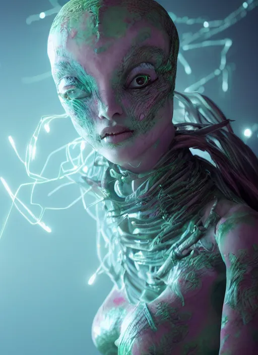 Image similar to alien woman, clothes made out of flower, rgb, cables everywhere, bedroom, ultra realistic, concept art, intricate details, highly detailed, photorealistic, octane render, 8 k