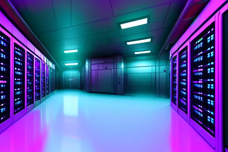 Image similar to realistic robot in a data server room, neon and dark, purple and blue color scheme, by dan mumford, global illumination ray tracing hdr render in unreal engine 5