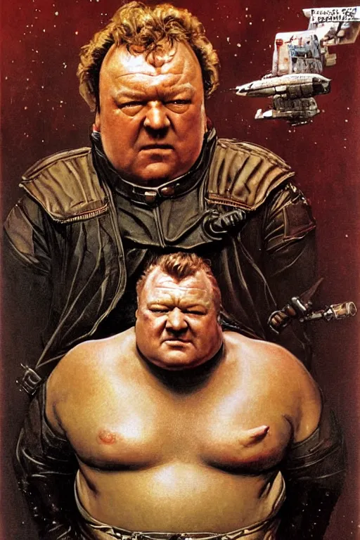 Image similar to dynamic upper body portrait of ray winstone as baron harkonnen in 1982 movie dune, by norman rockwell and boris vallejo