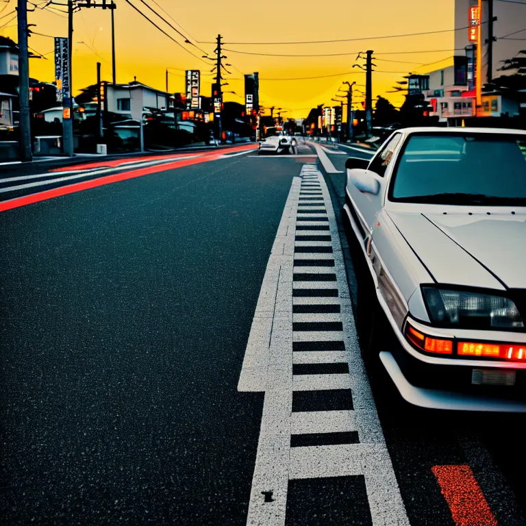 Image similar to close-up-photo JZX90 drift middle of street, sunset kanagawa prefecture, night, cinematic color, photorealistic, highly detailed,