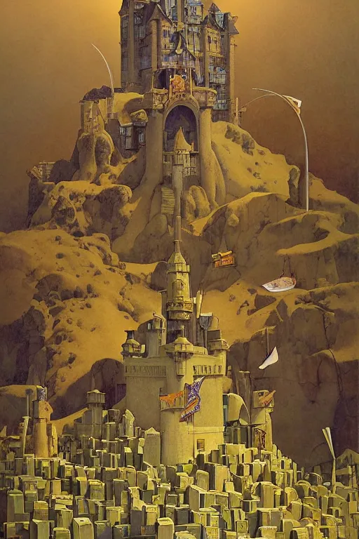 Prompt: a surreal castle made of books, digital painting by maxfield parrish and leyendecker and michael whelan, photorealistic
