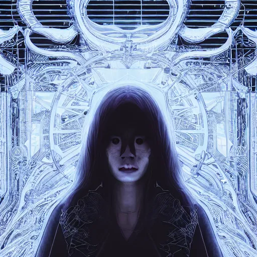 Image similar to a beautiful ghost woman with black eyes. intricate artwork by Tooth Wu and wlop and beeple and dan mumford. octane render, trending on artstation, greg rutkowski very coherent symmetrical artwork. cinematic, hyper realism, high detail, octane render, 8k, depth of field, bokeh