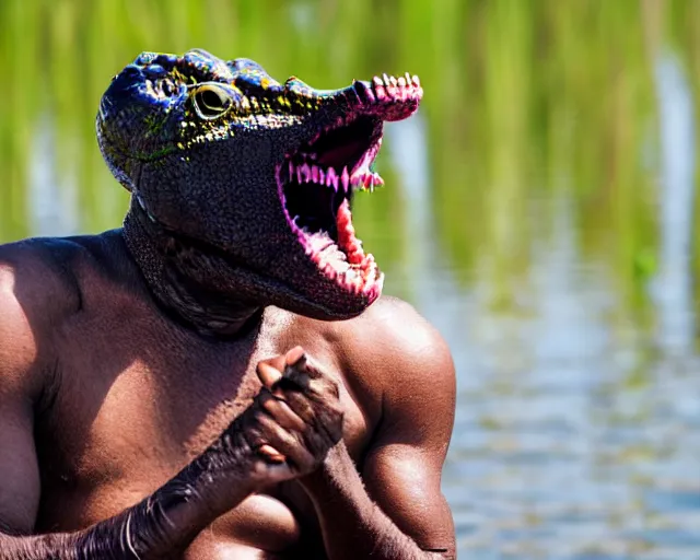 Image similar to wise zulu elder alligator guy has a sharp line of teeth. my teeth are sharp. there is a lake in the foreground with water reflections.