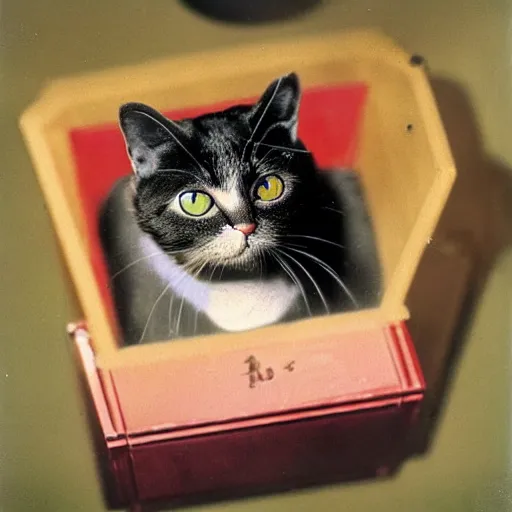 Image similar to full - color 1 9 3 5 photo of schrodinger's cat inside the experimental box. the cat is alive and dead at the same time. the box contains a flask of poison and a radioactive source and a geiger counter. the flask is broken or unbroken. professional science - journal photography.