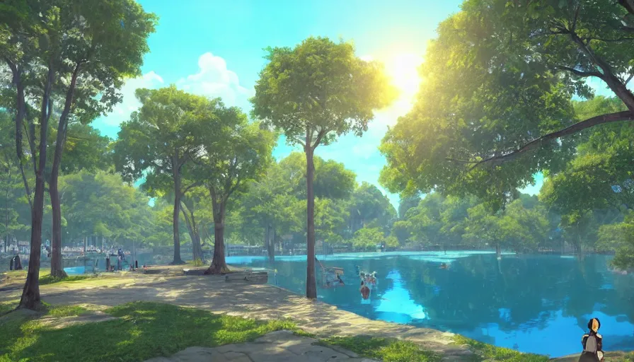 Image similar to bonifacio global city with a blue lake, beautiful ancient trees, hiding large treasure chest, serene evening atmosphere, soft lens, soft light, cel - shading, animation, in the style of cgsociety, deviantart, artstation, zbrush, cinema 4 d, studio ghibli, akihiko yoshida, atelier lulua, masamune shirow