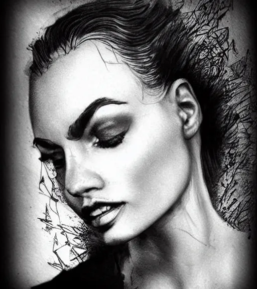 Image similar to a beautiful woman face against a background mighty mountains, tattoo design sketch, amazing blend effect, hyper - realistic, in the style of matteo pasqualin, amazing detail, black and white