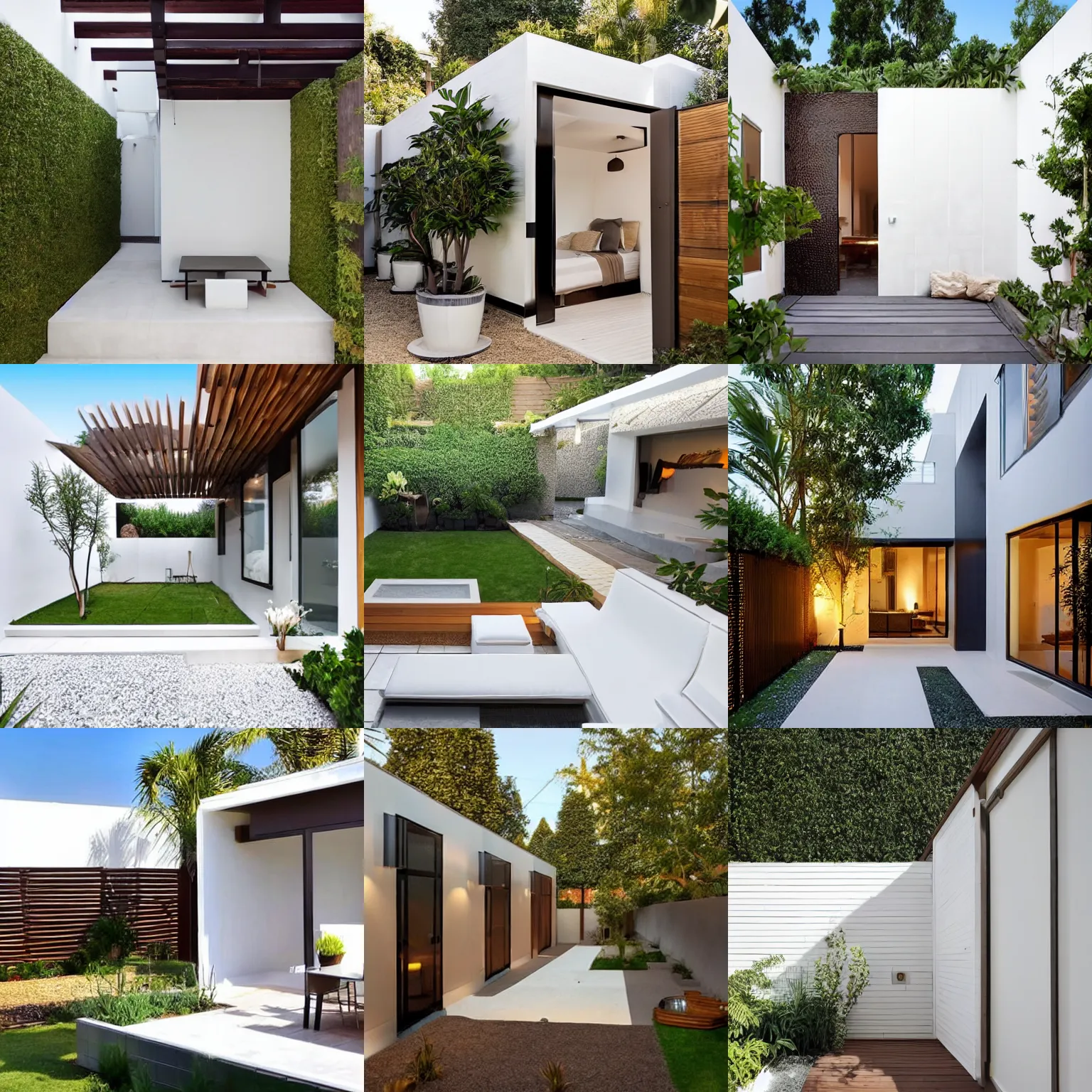 Prompt: luxury small backyard walls at the sides, modern hut at the back all white ground of brown tiles