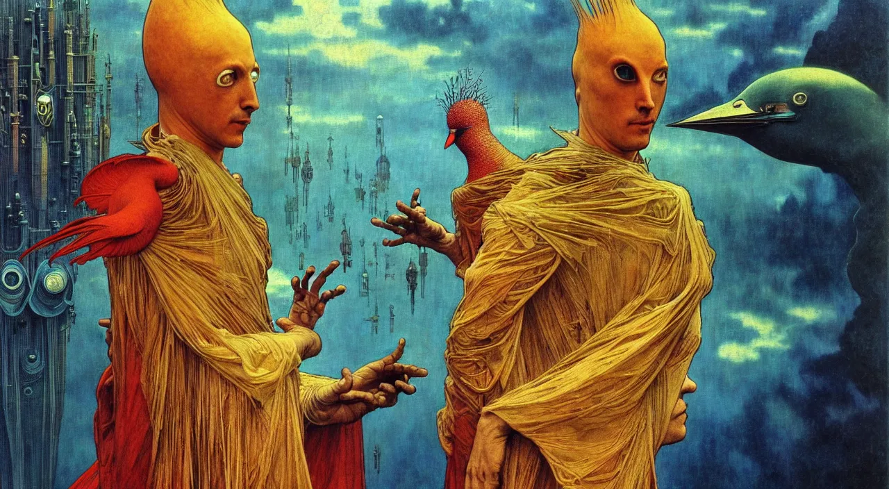 Image similar to realistic detailed portrait movie shot of a birdman wearing dark robes, sci fi city landscape background by denis villeneuve, amano, yves tanguy, alphonse mucha, ernst haeckel, max ernst, roger dean, masterpiece, rich moody colours, blue eyes, occult