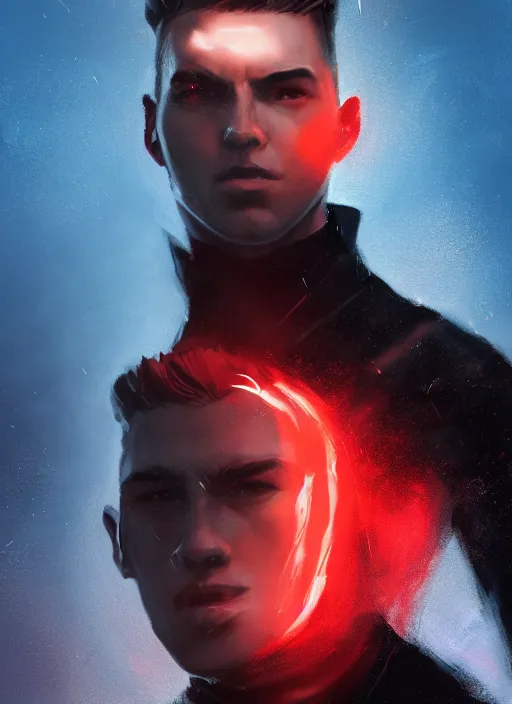 Image similar to An epic fantasy comic book style portrait painting of a young man with black undercut haircut, wearing black overcoat, red clothes, blue jeans. Unreal 5, DAZ, hyperrealistic, octane render, cosplay, RPG portrait, dynamic lighting