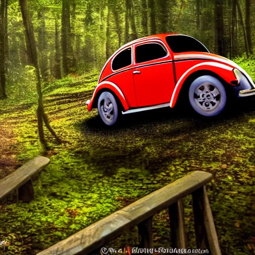 Image similar to promotional scifi - blockbuster movie scene of a ladybug imitating a'glossy volkswagen beetle '. it wings and is flying down a dusty backroad along a gentle creek in smokey mountains tennessee. cinematic, muted dramtic color, 4 k, imax, 7 0 mm, hdr