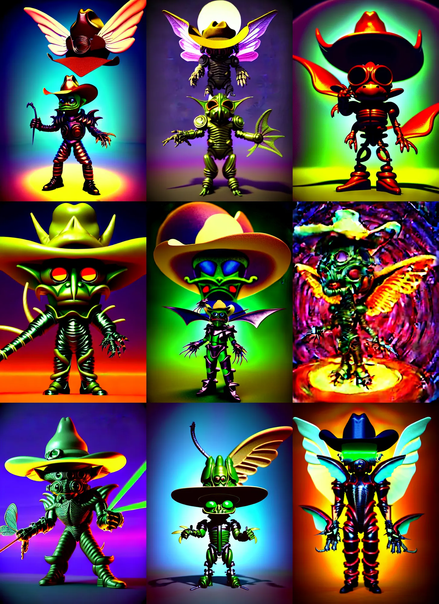 Prompt: retro 3 d rendered raytraced chibi cyborg goblin knight in the style of ichiro tanida 3 d render wearing a cowboy hat and angel wings, the background is a a psychedelic swirly with 3 d rendered butterflies and 3 d rendered flowers n the style of early cg graphics, micha klein, 3 do magazine, 3 d artstation,