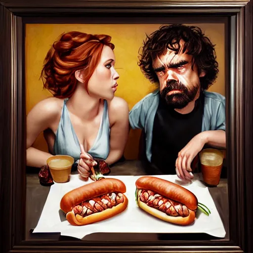 Prompt: portrait of peter dinklage sharing hotdogs with scarlett johansson, an oil painting by ross tran and thomas kincade w 7 6 8