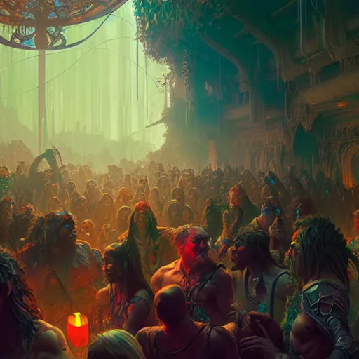 Prompt: rave party of orcs warriors, path traced, highly detailed, high quality, digital painting, alena aenami, lilia alvarado, shinji aramaki, karol bak, alphonse mucha, tom bagshaw