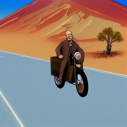 Prompt: a picture of vladimir lenin riding a motorbike, desert road, blue skies, realistic