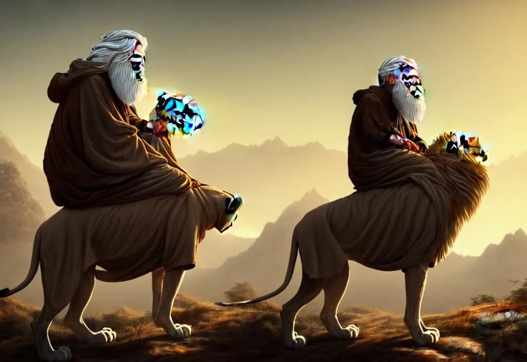 Image similar to a hooded wise lonely old man with a long white beard wearing a brown hooded tunic, the man riding is on the lion, the wise man is riding on top, he is all alone, majestic, epic digital art, cinematic, trending on artstation, superb detail 8 k, wide angle shot, masterpiece