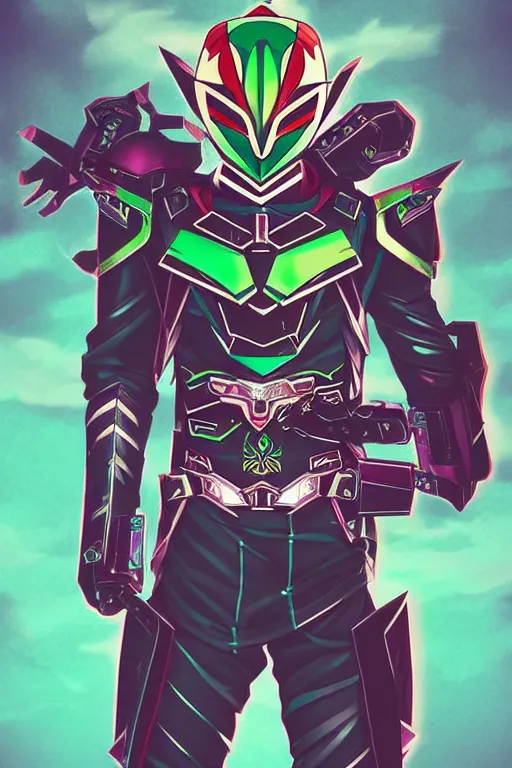 Image similar to random kamen rider. final fantasy style art, zelda style art, gta vice city style art, pop art, aesthetic art, stylish, elegant, adobe stock popular, concept art, octane, smooth, beautiful, highly details, sharp focus, illustration, intricate, art by kirokaze