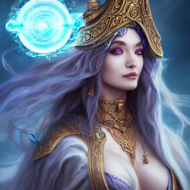 Image similar to beautiful elemental sky witch with ornate robes and staff, highly detailed, 4 k, hdr, smooth, sharp focus, high resolution, award - winning photo, artgerm, photorealistic