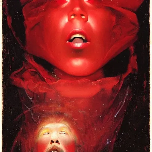 Prompt: black hole face dressed in red robe takes a selfie | highly detailed oil painting, hyperrealistic, very intrincate | cinematic lighting, award - winning | by roberto ferri, gustav klimt, william waterhouse and tom bagshaw | by austin osman spare and william blake, trending on artstation, cgsociety, official art, octane.