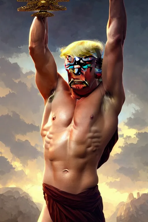 Image similar to Donald Trump as a Greek god, gorgeous, amazing, muscular, fit, very muscular male body, intricate, highly detailed, digital painting, artstation, concept art, sharp focus, illustration, art by greg rutkowski and alphonse mucha