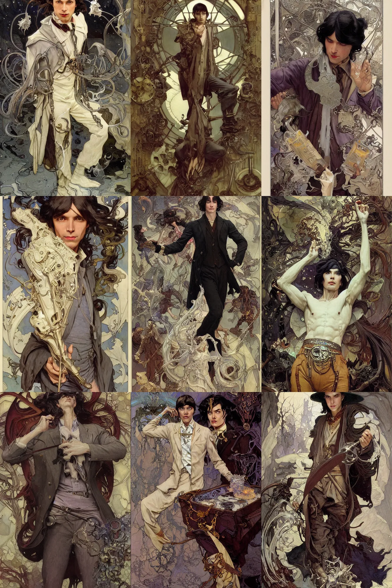 Prompt: thin male alchemist, long dark hair, silver, 1 9 2 0 s fashion, fantasy, art by joseph leyendecker, donato giancola, dean cornwell, peter mohrbacher, ruan jia, marc simonetti, ayami kojima, cedric peyravernay, alphonse mucha, thomas kinkade, victo ngai