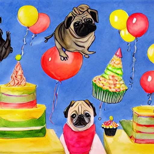 Prompt: pugs party with balloons and cakes, ronald dahl drawing colored with watercolors