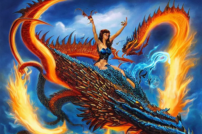 Prompt: epic amazon girl riding a large black dragon spewing blue fire, Boris Vallejo, Julie Bell