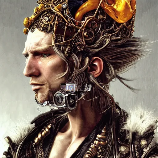 Image similar to portrait, headshot, insanely nice professional hair style, dramatic hair color, digital painting, of a old 17th century, old cyborg merchant, amber jewels, baroque, ornate clothing, scifi, realistic, hyperdetailed, chiaroscuro, concept art, art by Franz Hals and Jon Foster and Ayami Kojima and Amano and Karol Bak,