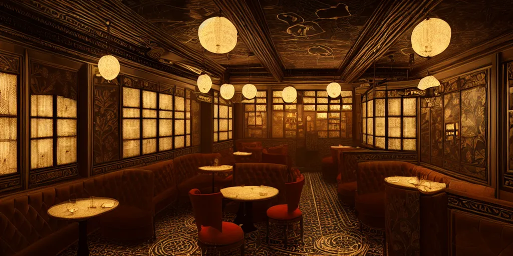 Prompt: prohibition era speakeasy, interior design by william morris, beautiful dramatic lighting, 8 k illustration, ornate and intricate, richly detailed, photorealistic imagery, artstation render inspired by victo ngai