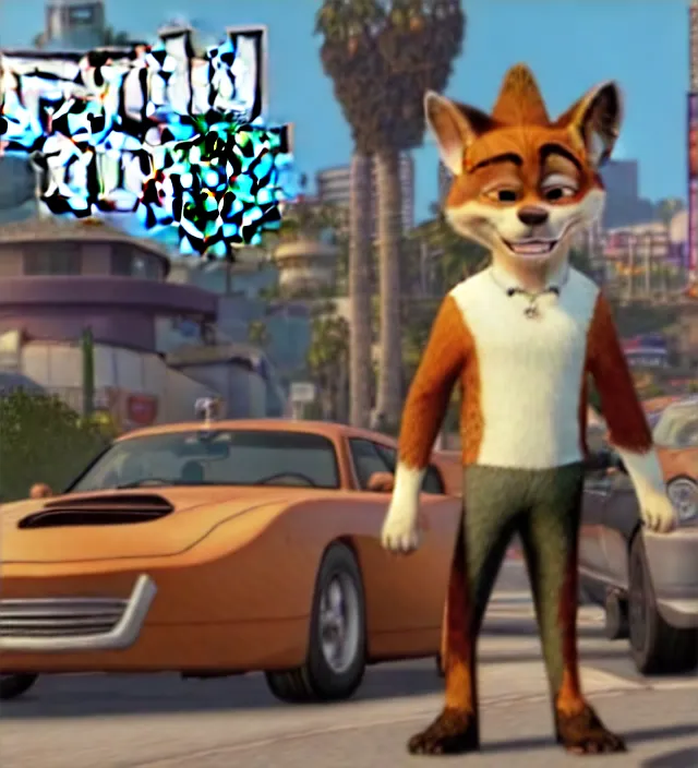 Prompt: Screenshot of Grand Theft Auto: San Andreas loading screen featuring Nick Wilde (from Zootopia)