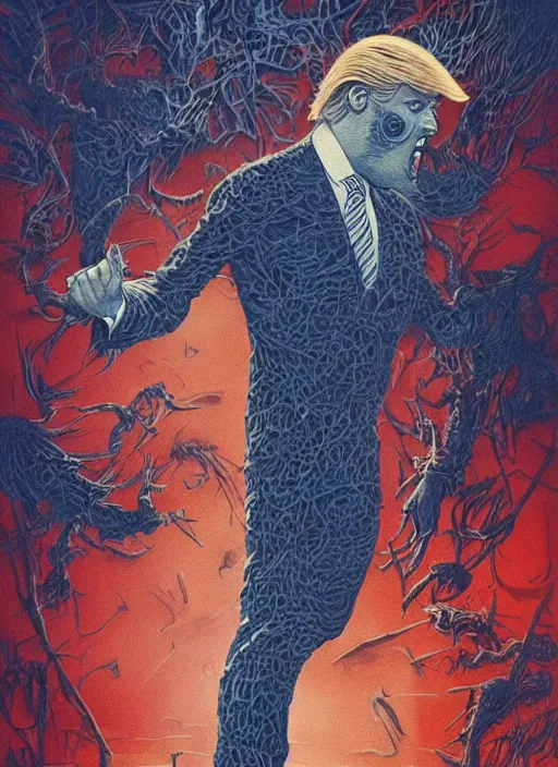 Image similar to donald trump's true disgustuing nature, horror, high details, intricate details, by vincent di fate, artgerm julie bell beeple, 1 9 8 0 s, inking, vintage 8 0 s print, screen print