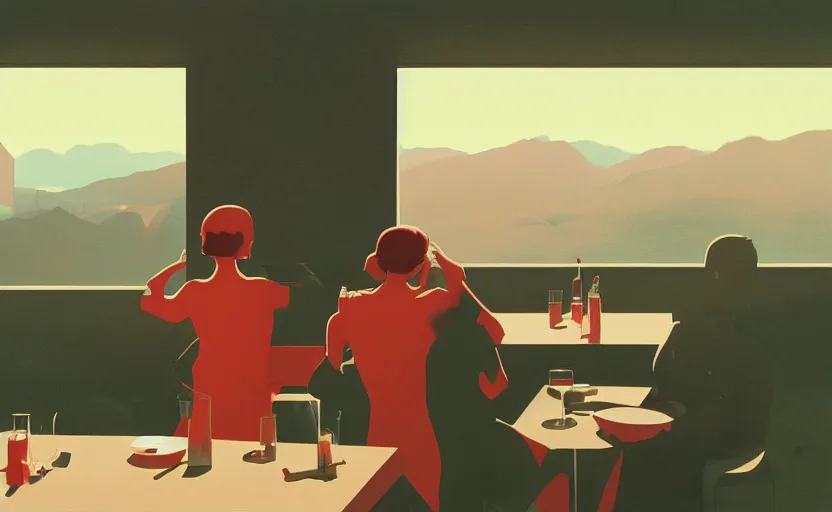 Image similar to eating in heaven, surreal illustration, by atey ghailan and escher and edward hopper,