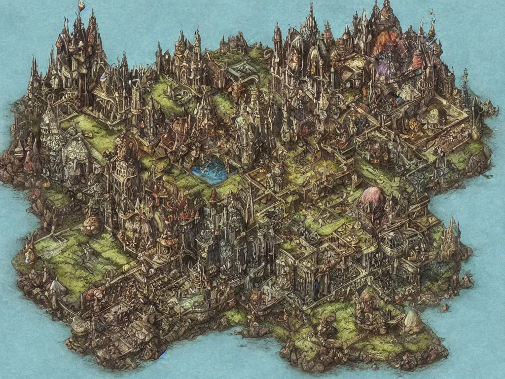 Prompt: an isometric disney dark fantasy map of a continent bordered by ocean by brian froud and hr giger